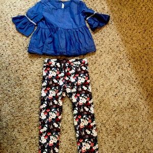 Janie & Jack floral pant & denim blue ruffle shirt